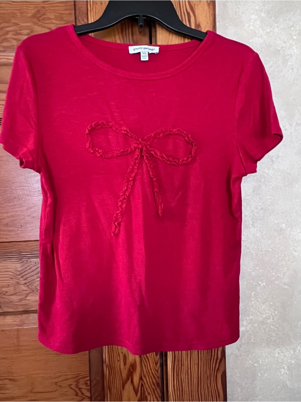 Pretty Garbage Y2K Coquette Ribbed Knit Short Sleeve Top Lace Bow Accent Sz XL